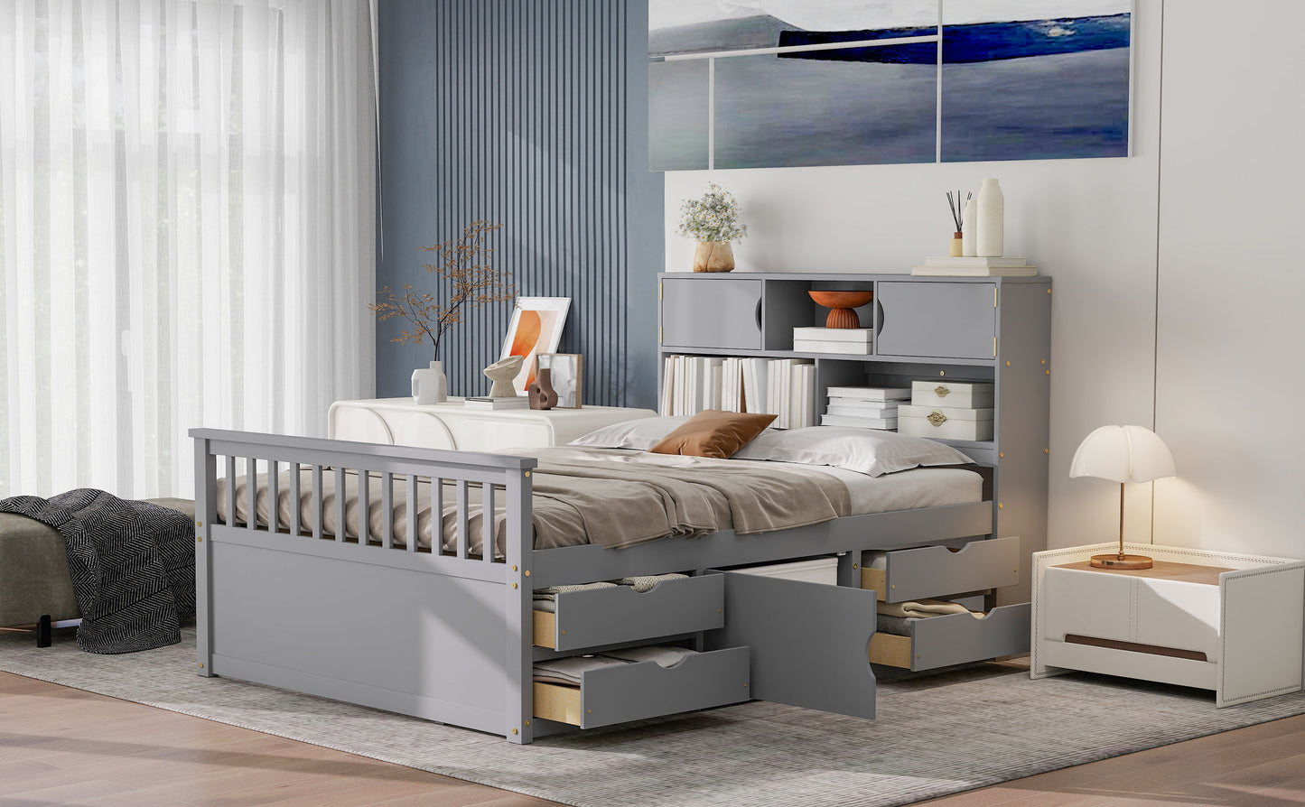 Full Size Captain Platform Bed Frame with Storage Bookcases and Shelves,Four Drawers,Gray image 10
