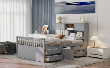 Full Size Captain Platform Bed Frame with Storage Bookcases and Shelves,Four Drawers,Gray image 10