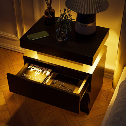 Nightstand LED Bedside Table Cabinet Lights Modern End Side with 2 Drawers for Bedroom (Black) image 7
