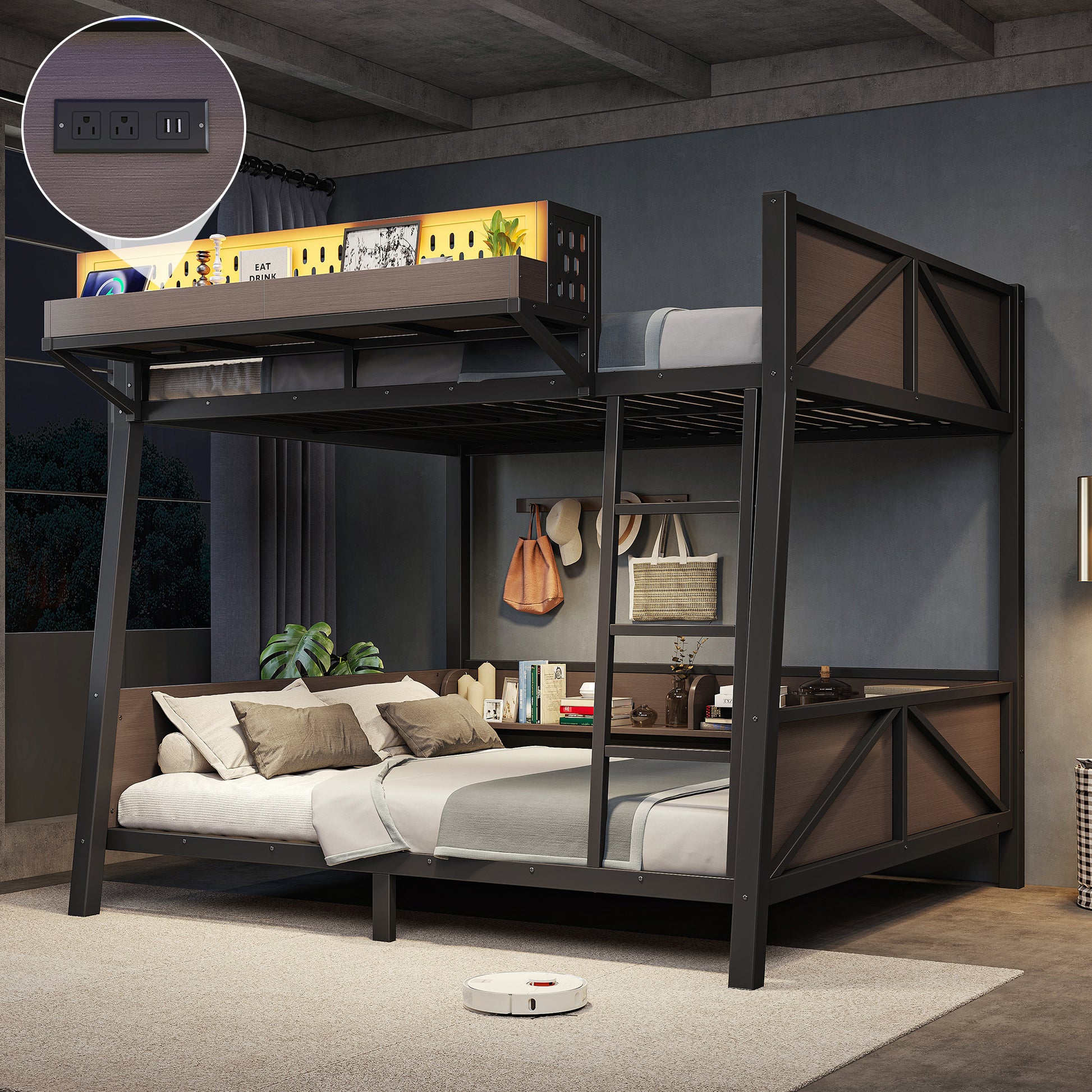 Full Bunk Bed with Storage Shelves,Twin Size Metal Bunk Bed Frame with LED Light and USB Ports For Kids,Teens.Black image 1