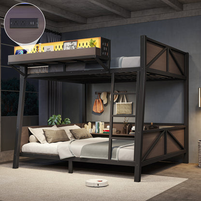 Full Bunk Bed with Storage Shelves,Twin Size Metal Bunk Bed Frame with LED Light and USB Ports For Kids,Teens.Black image 1
