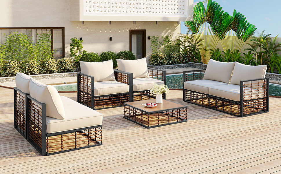 TOPMAX Modern Minimalist 7-Piece Metal Patio Sectional Sofa Set, All-Weather Garden Conversational Furniture Set with Thick Cushions and Coffee Table for Indoor Outdoor, Dark Grey image 9