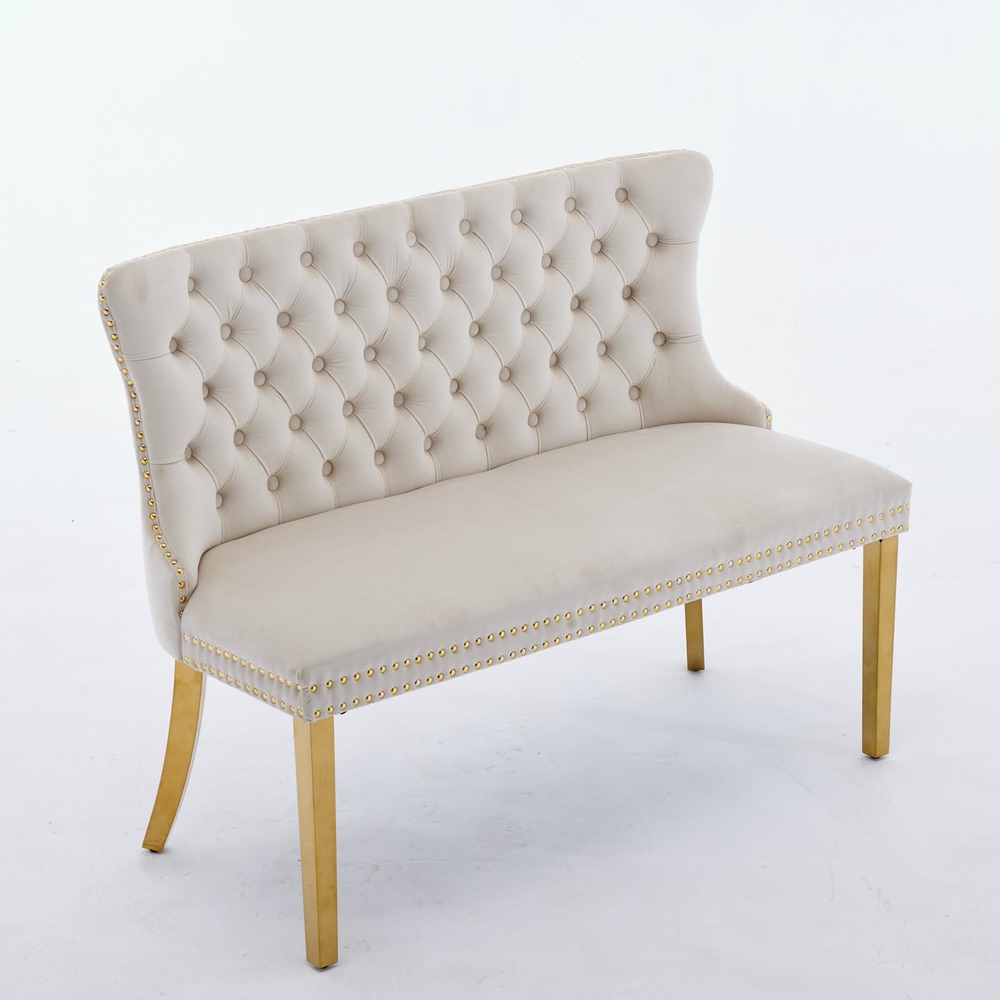 Velvet Double Dining Loveseat Bench, Kitchen & Dining Seating, 2-Seat Tufted Bench w/Handmade Buttons, Wing Back, Gold-Plated Steel Legs, Mid Century Modern,Single Pack,Beige,SW1602BG image 4