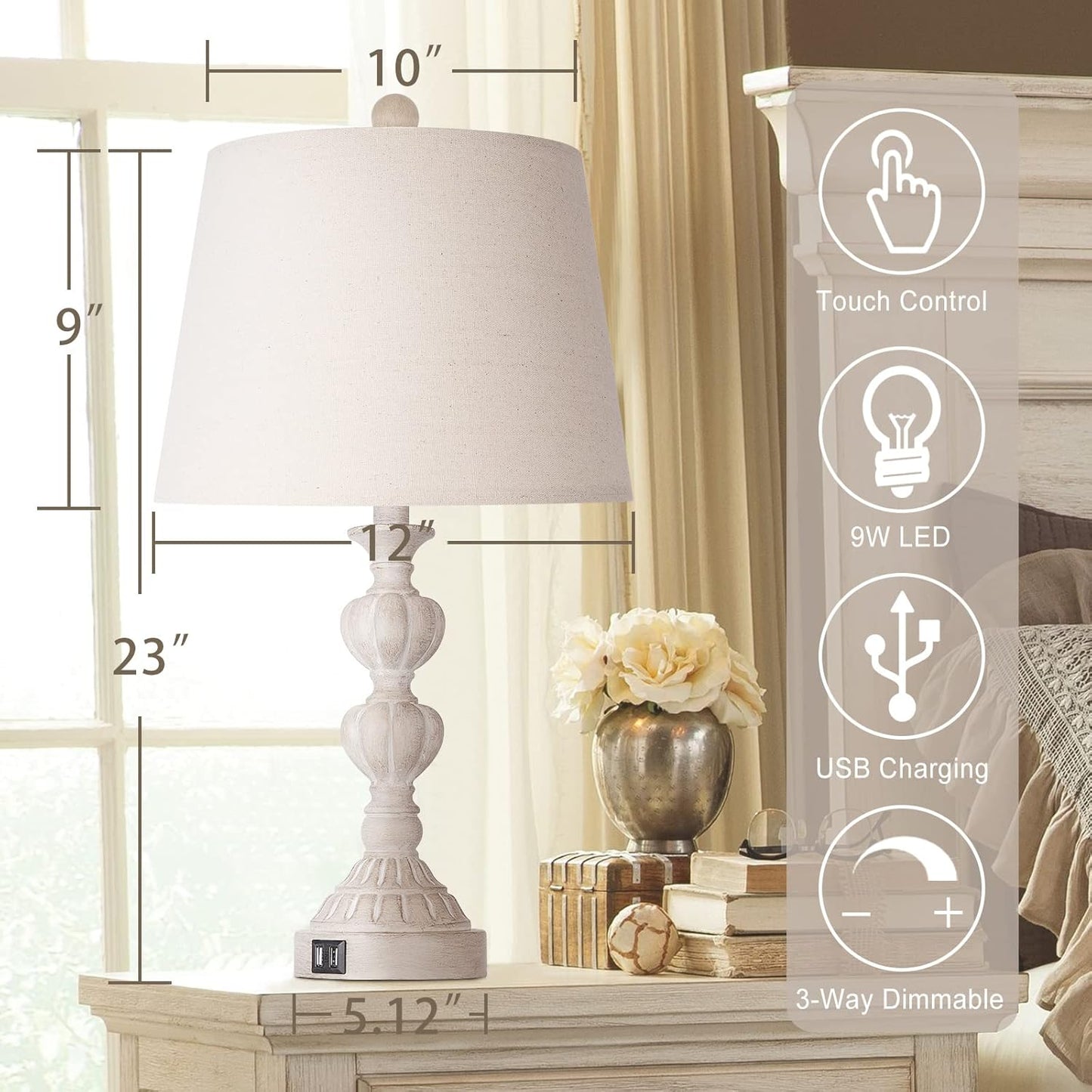 Touch Control Coastal Farmhouse Table Lamp Set of 2, 3-Way Dimmable Bedside Lamp with 2 USB Charging Ports, French Country Style Nightstand Lamp for Living Room, Bedroom - Washed White image 2