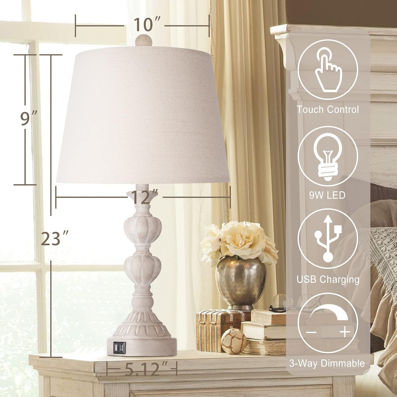 Touch Control Coastal Farmhouse Table Lamp Set of 2, 3-Way Dimmable Bedside Lamp with 2 USB Charging Ports, French Country Style Nightstand Lamp for Living Room, Bedroom - Washed White image 2