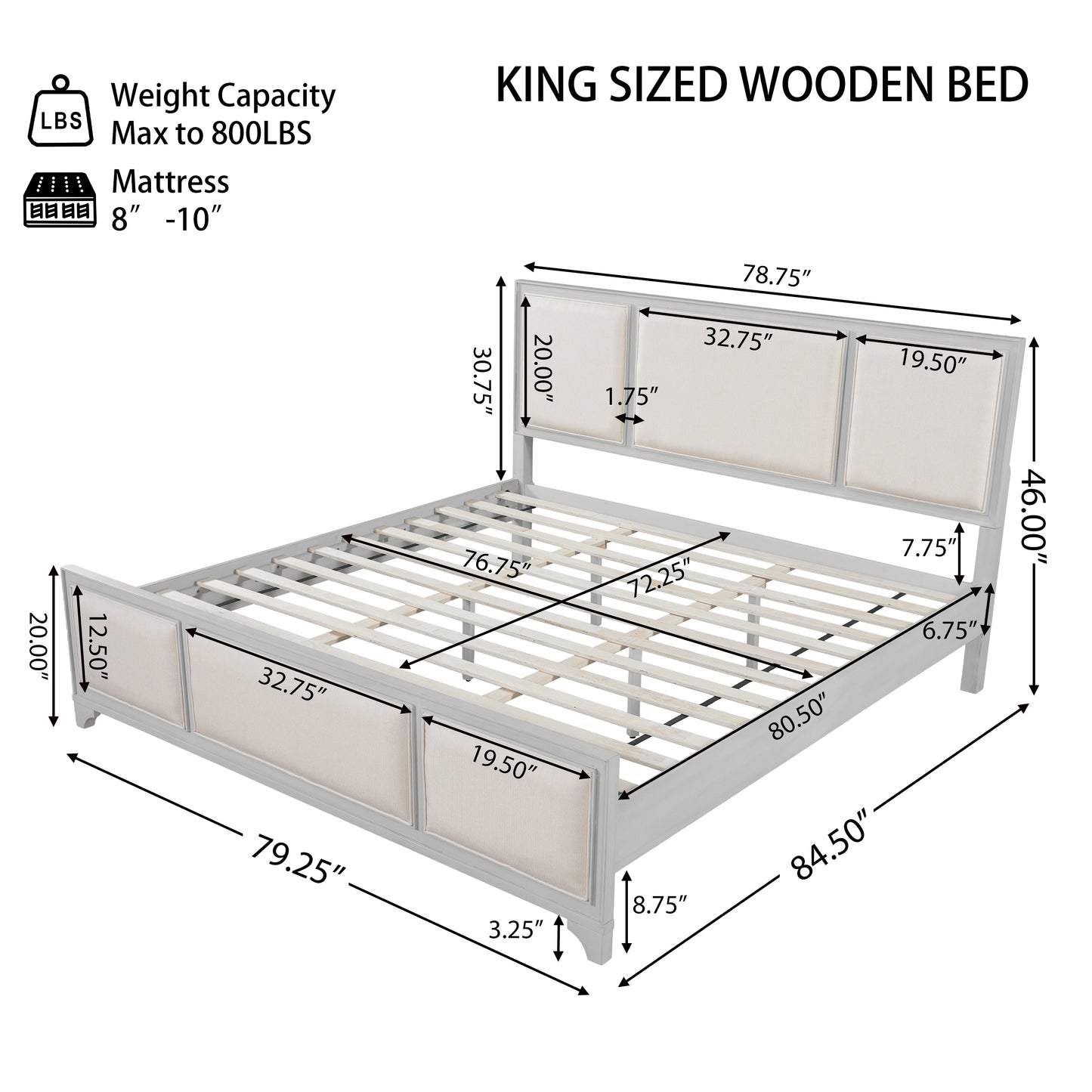 King Size Bed Frame with Upholstered Headboard, White Solid Wood & Beige Fabric, No Box Spring Needed, Modern Farmhouse Style image 2