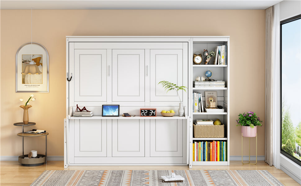 Queen Size Murphy Bed with Desk and Bookshelf, White image 4