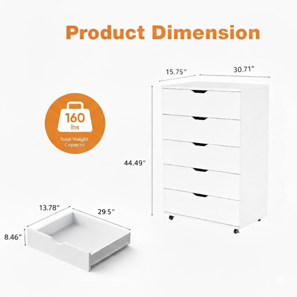 White 5-Drawer Dresser with Wheels – Modern Storage Cabinet image 4