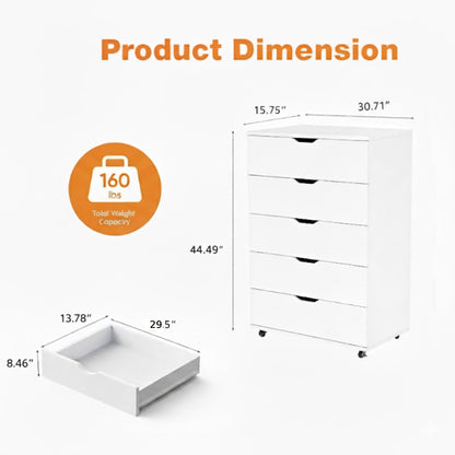 White 5-Drawer Dresser with Wheels – Modern Storage Cabinet image 4