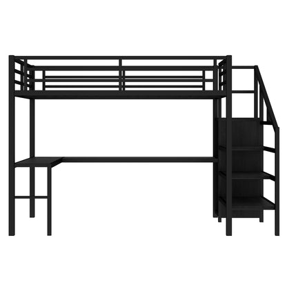 Full Size Loft Bed with L-shaped Desk and USB, Metal Loft Bed with Wardrobe and Adjustable Shelf, High Loft Bed with LED for Kids Teens Adults, Black image 7