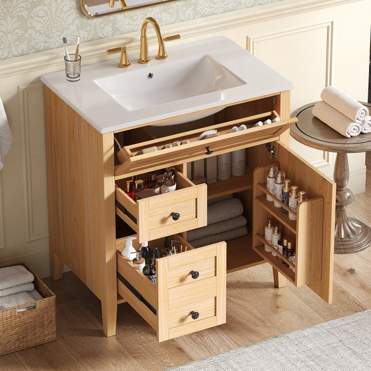 [Video] 30" Natural Wood Grain Bathroom Vanity with Ceramic Sink, Solid Wood Legs, Soft-Close Mechanism, Tip-Out Drawer & Storage Shelf on Door, Adjustable Shelf image 1