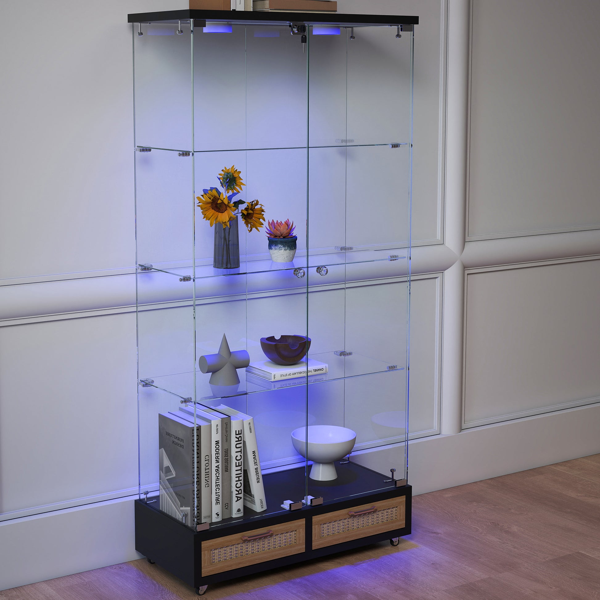 Modern Glass Display Cabinet with Large Drawers,Quick-assembly Antique Cabinet with LED lights,Tempered Glass Bookshelf,2-Door Storage Case with 4 Shelves for Living Room and Bedroom,black and natural image 7