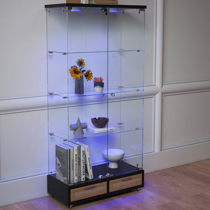 Modern Glass Display Cabinet with Large Drawers,Quick-assembly Antique Cabinet with LED lights,Tempered Glass Bookshelf,2-Door Storage Case with 4 Shelves for Living Room and Bedroom,black and natural image 7