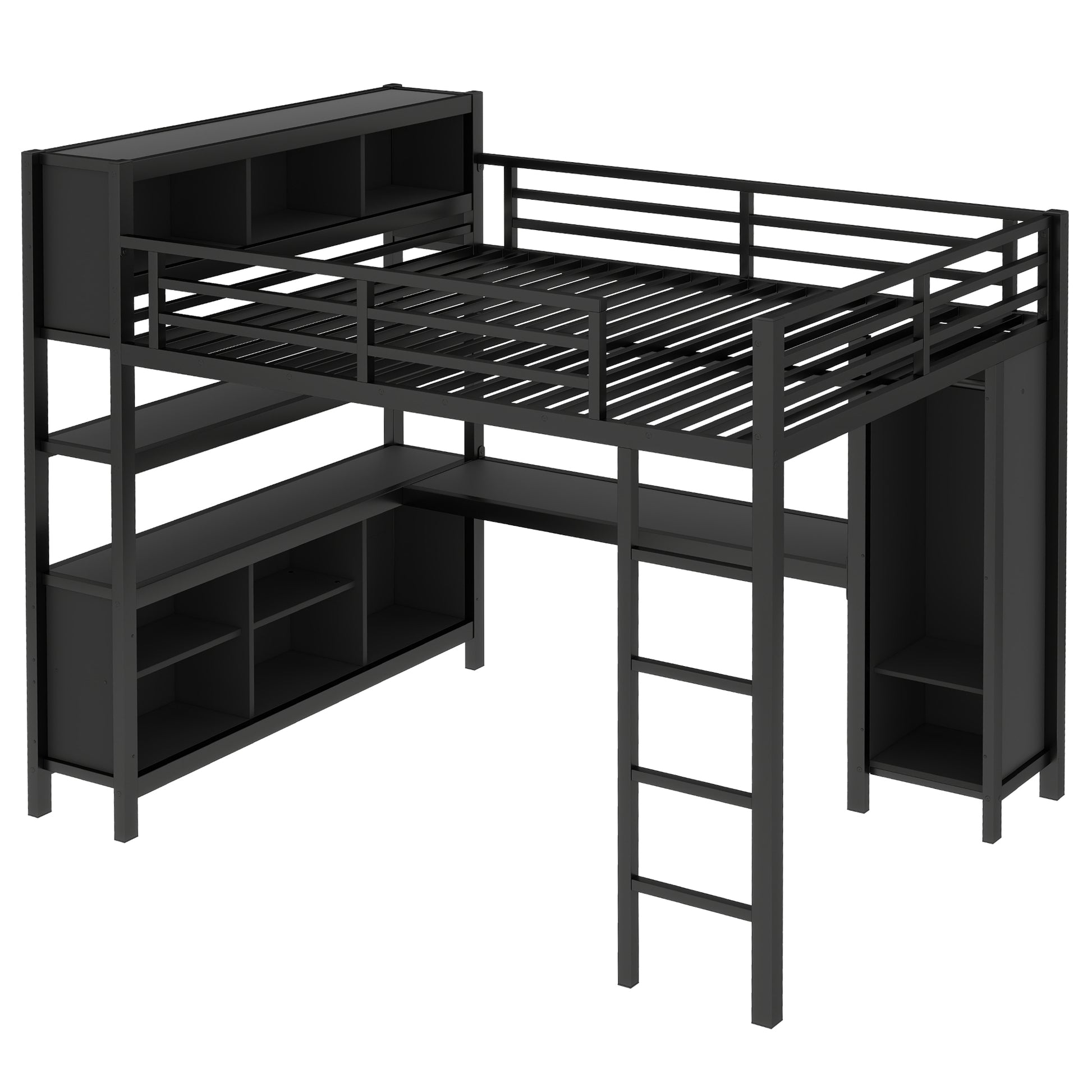 Metal Loft Bed with Wardrobe And L-shaped Desk, Queen Size Loft Bed with Storage Cubes and Shelves, Heavy Duty Loft Bed for Kids Teens Adults, Black image 11