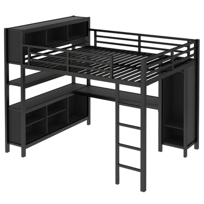 Metal Loft Bed with Wardrobe And L-shaped Desk, Queen Size Loft Bed with Storage Cubes and Shelves, Heavy Duty Loft Bed for Kids Teens Adults, Black image 11