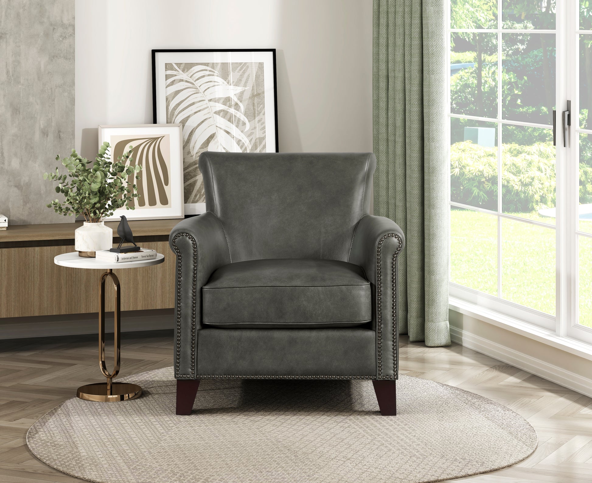 Traditional Accent Chair Gray Leather Upholstery Nailhead Trim Solid Wood Luxury Home Office Furniture 1pc image 8
