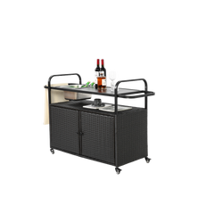 Outdoor Bar Table, Wicker Bar Cart with Cabinet, Patio Serving Cart with steel Top, with one ice bucket,Lockable Wheels, Side Basket for Garden, Poolside & Backyard, Black
