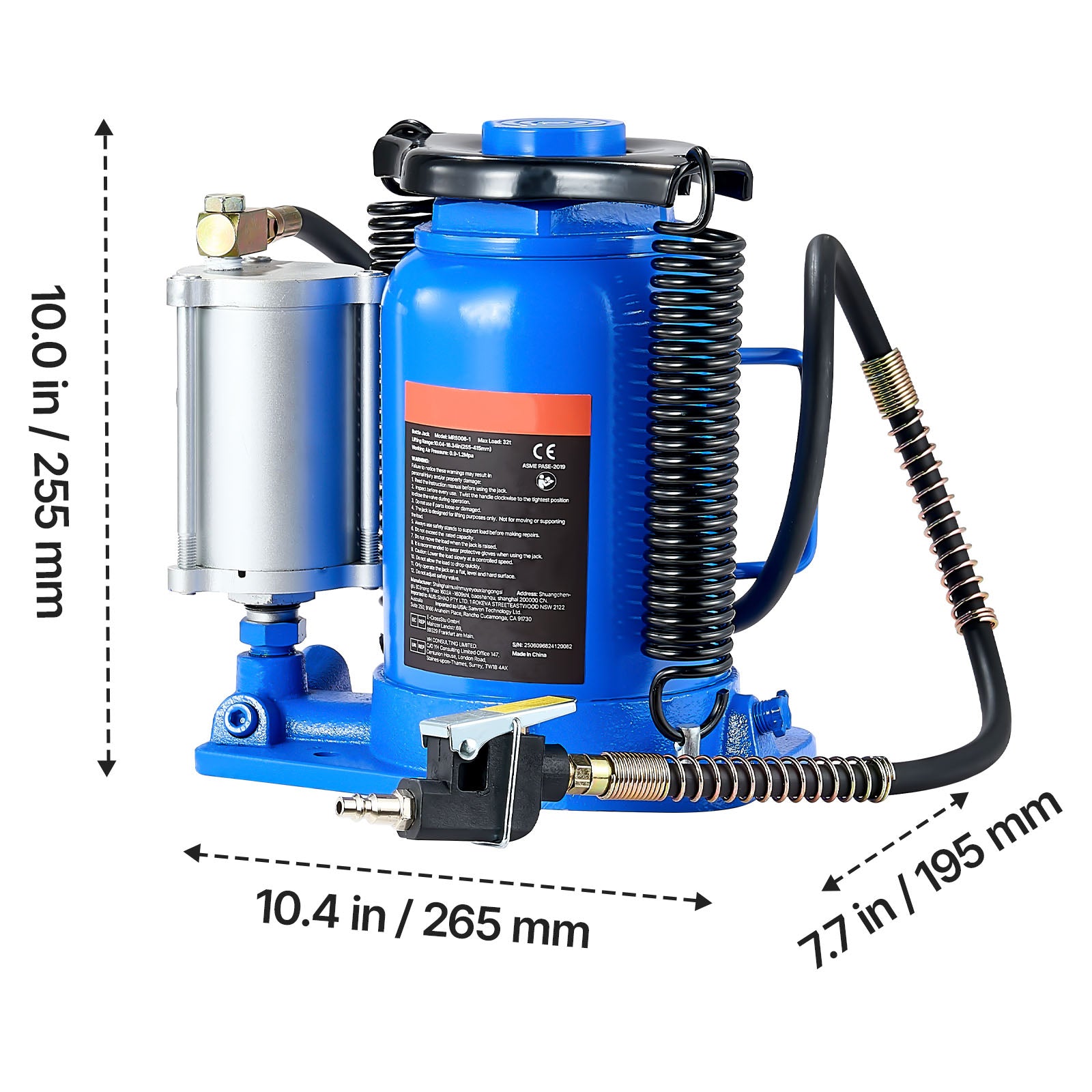 Air Hydraulic Bottle Jack, 32 Ton (70546.9 lbs) Capacity, 10-16.3 Inch Lifting Range, Pneumatic/Manual Heavy Duty Welded Bottle Jack with Pump for Car, SUV, Pickup, Truck, RV, Auto Repair, Blue image 5