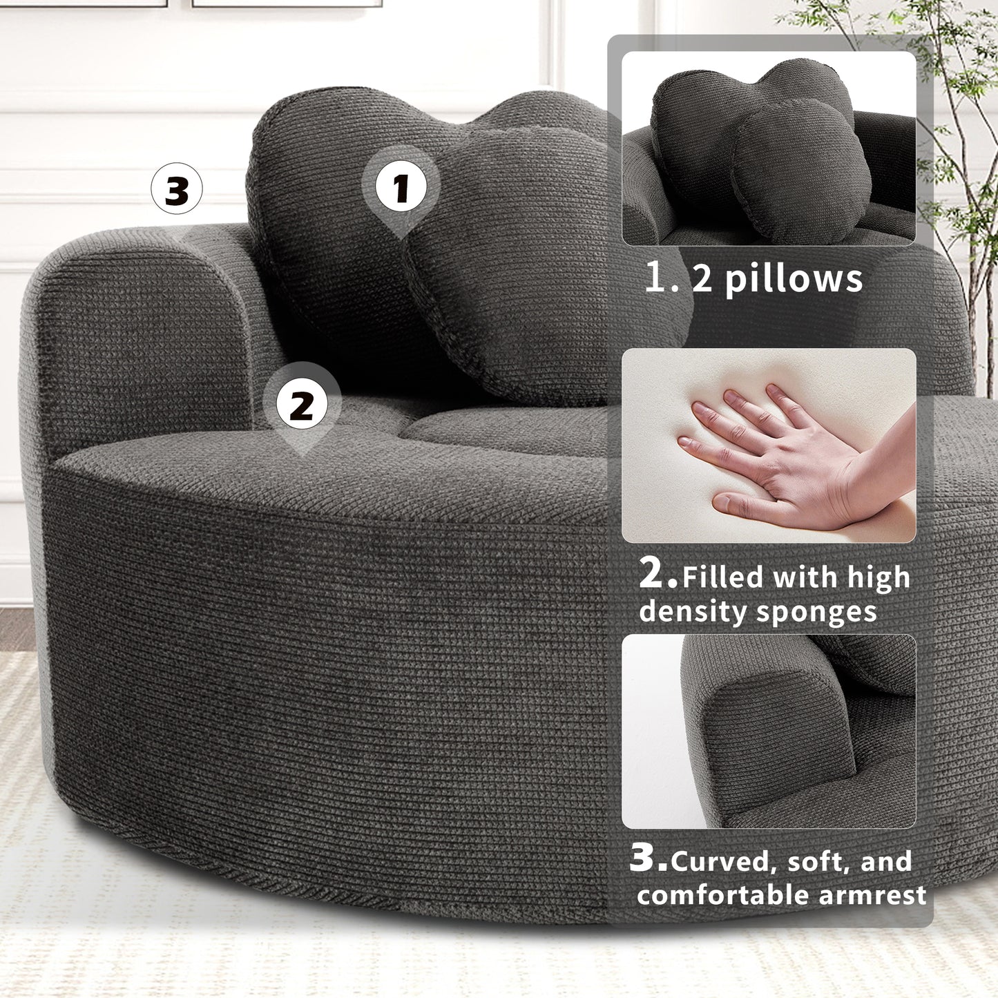 Round Sofa Bed with Memory Foam Sectional Couches for Living Room, Cloud Couch with three pillows, Black+gray image 5