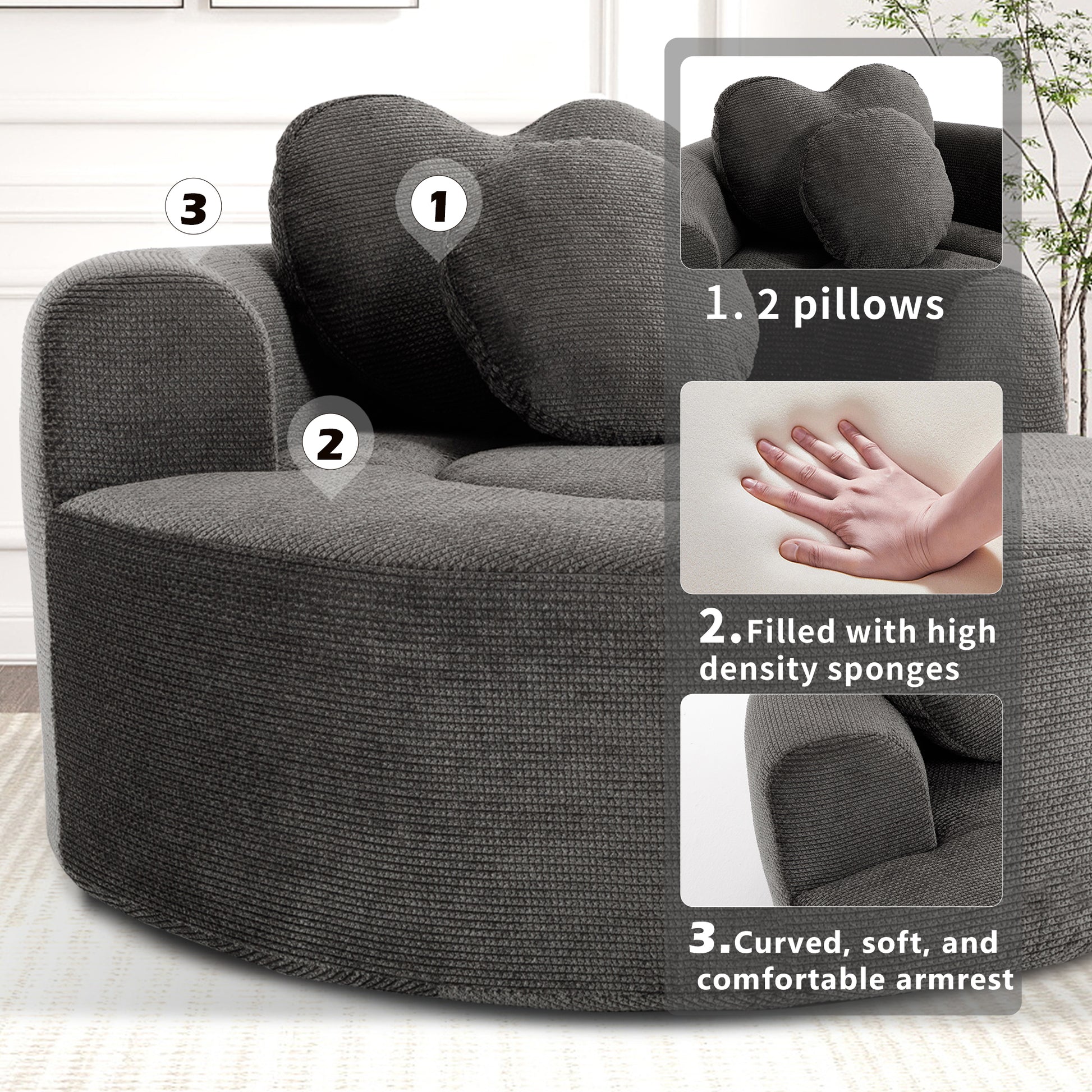 Round Sofa Bed with Memory Foam Sectional Couches for Living Room, Cloud Couch with three pillows, Black+gray image 5