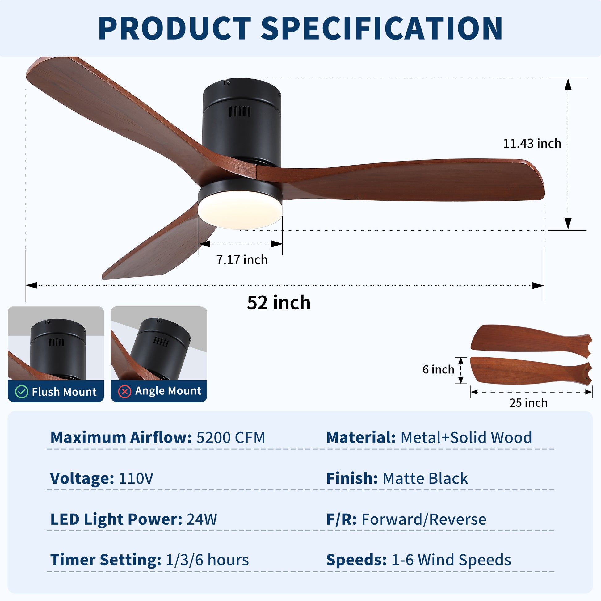 52 inch Mordern Matte Black Farmhouse Retro Solid Wood Low Profile Flush Mount Intergrated LED Ceiling Fan with Light image 7