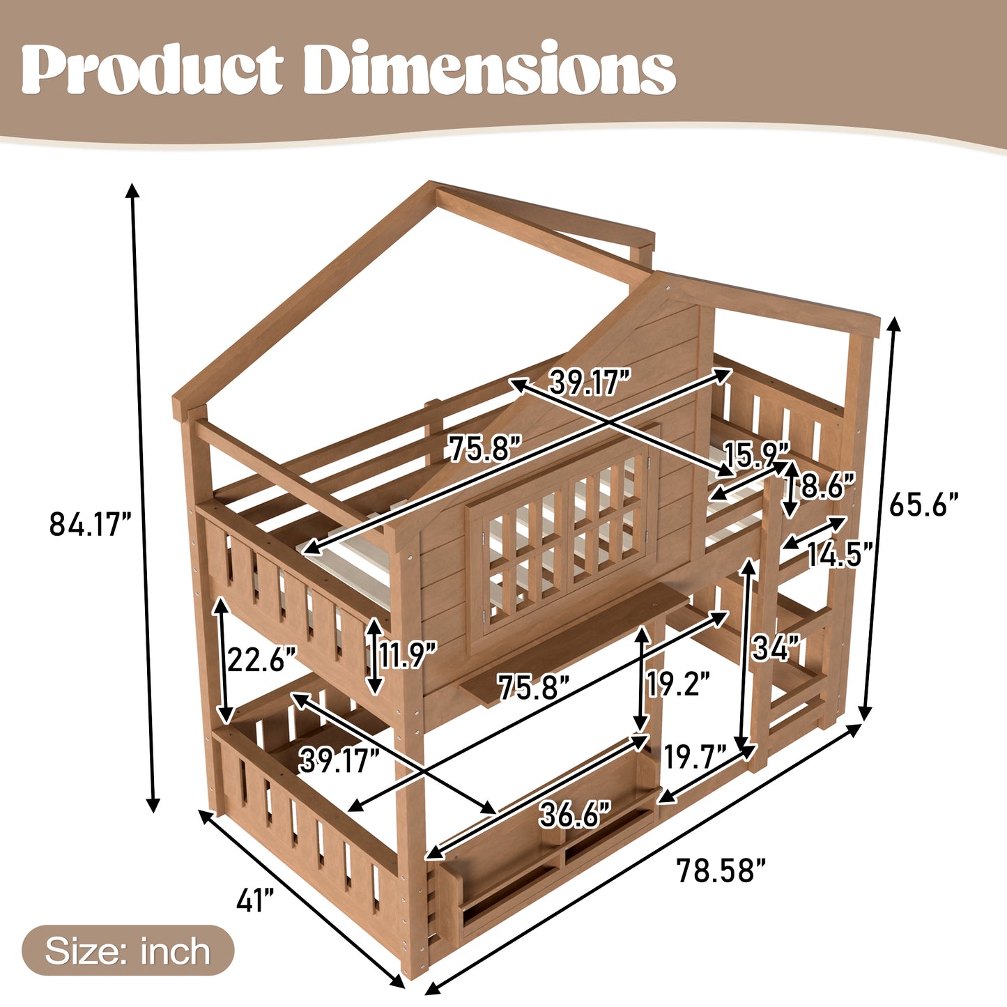 Twin Size Bunk Bed/Loft Bed with Bookshelf, House Design, High-Quality Safety Fencing,Natural image 4