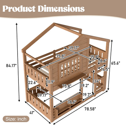 Twin Size Bunk Bed/Loft Bed with Bookshelf, House Design, High-Quality Safety Fencing,Natural image 4