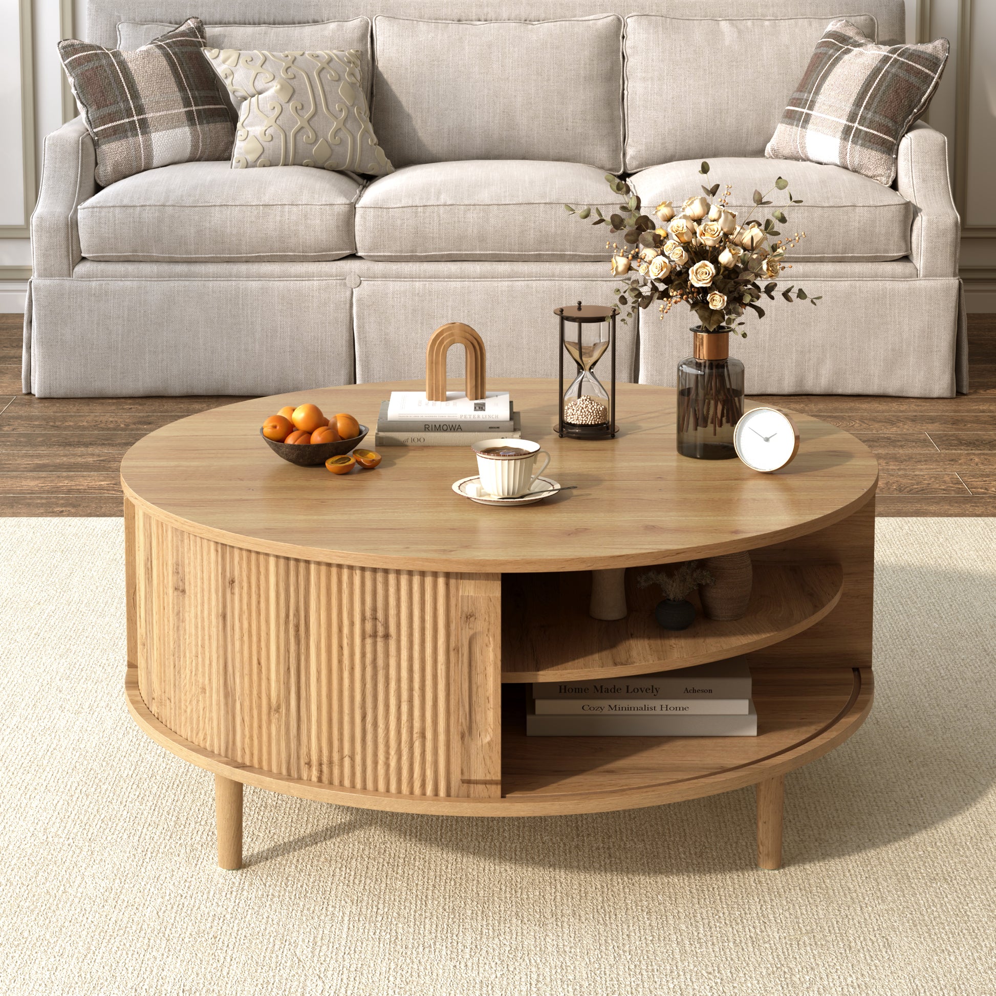 U-Can Minimalist Round Lift-Top Coffee Table with Hidden Storage, Sliding Door, Pine Legs, and Wood Wave Finish image 1