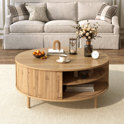 U-Can Minimalist Round Lift-Top Coffee Table with Hidden Storage, Sliding Door, Pine Legs, and Wood Wave Finish image 1