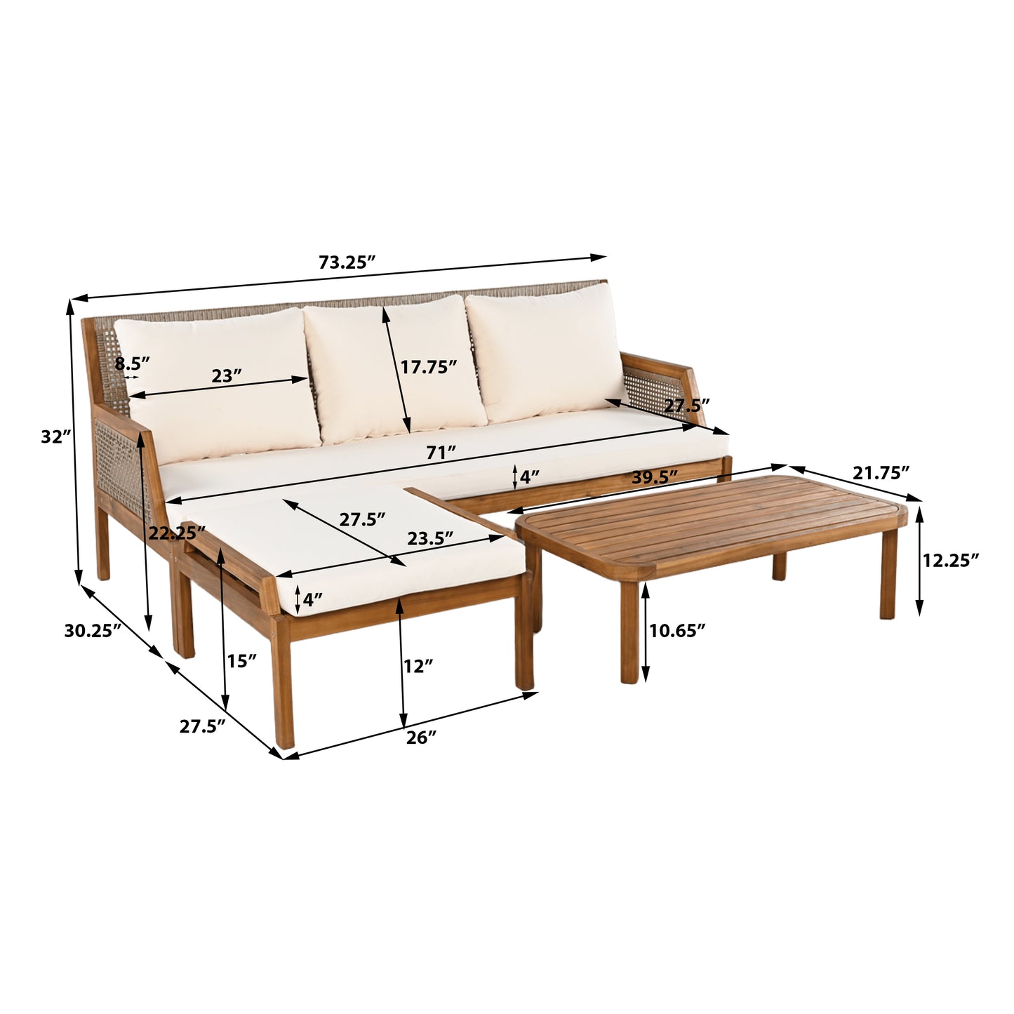 3 Piece Acacia Wood Patio Furniture Set, Outdoor Wicker Furniture Sectional Sofa Set with Coffee Table, 4 Seats Sofa Deep Seating with Soft Cushions for Garden, Backyard, Teak & Mix Brown & Cream image 3