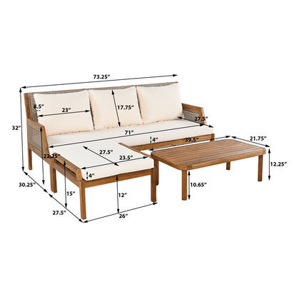3 Piece Acacia Wood Patio Furniture Set, Outdoor Wicker Furniture Sectional Sofa Set with Coffee Table, 4 Seats Sofa Deep Seating with Soft Cushions for Garden, Backyard, Teak & Mix Brown & Cream image 3