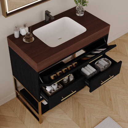 36" Artificial Stone Bathroom Vanity with Ceramic Sink, Modern Bathroom Sink Cabinet with Soft Close Drawers and Open Shelves, Free-standing Bathroom Vanity with Stainless Steel Legs and Large Space S image 5