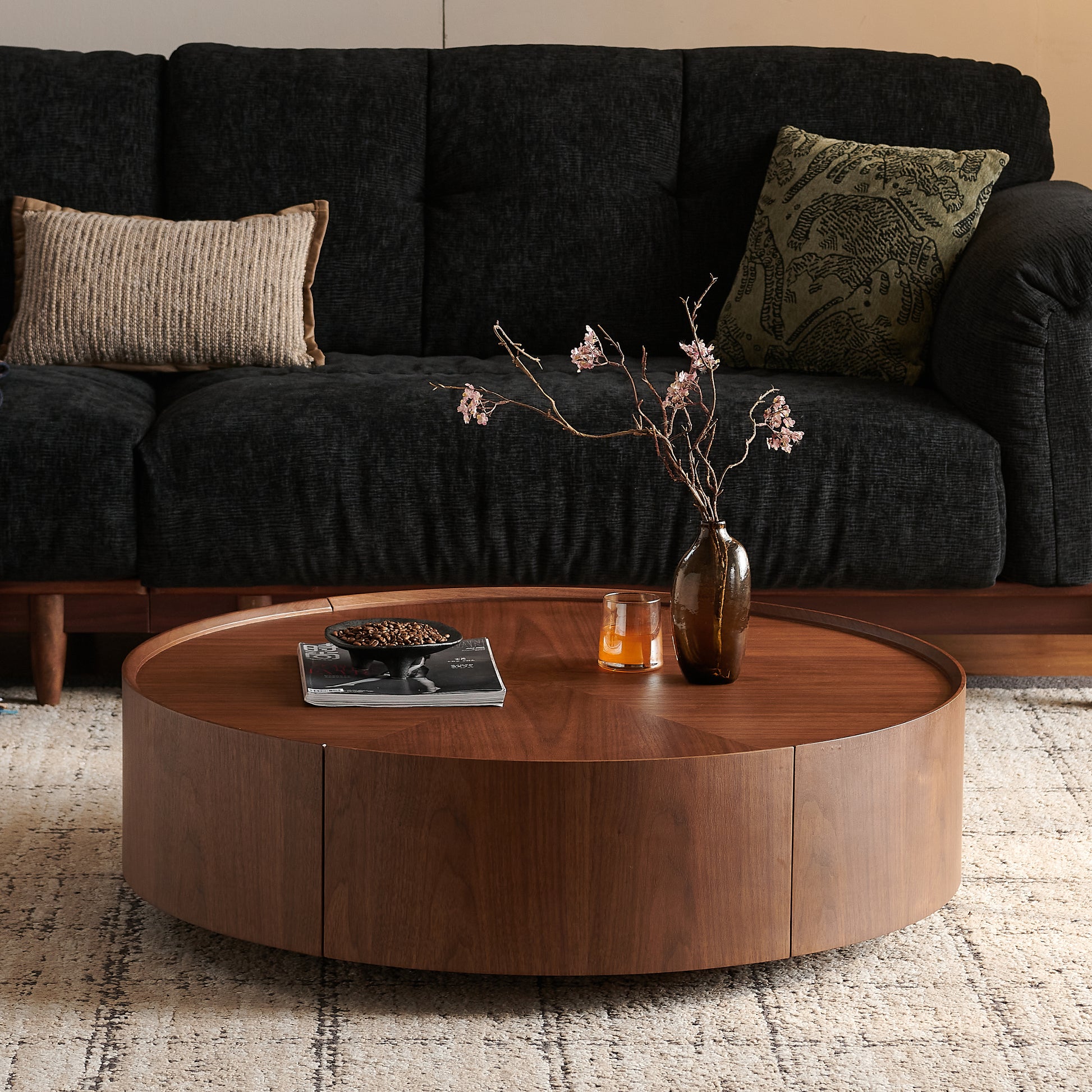35.4-inch coffee tables, circular walnut design, suitable for living rooms, walnut material, suitable for bedrooms, living rooms, and offices image 1