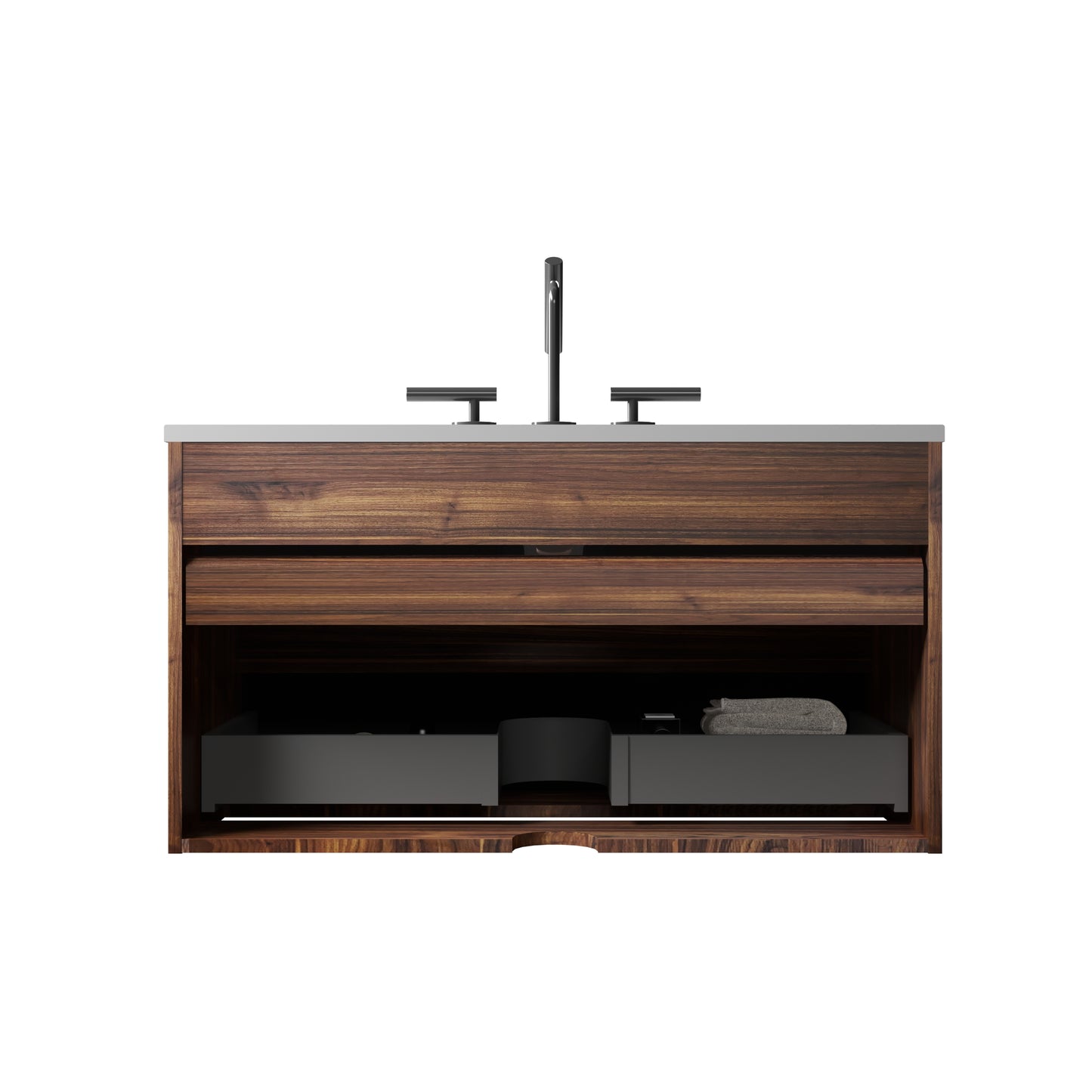 Gloria 36" Wall Mounted Soft Black & Walnut Bathroom Vanity with Integrated Ceramic Sink with 3 holes, with Overflow, Large Storage Floating Bathroom Vanity for Modern Bathroom, KD image 9