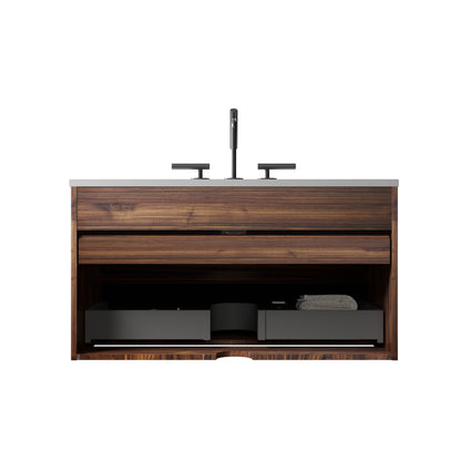 Gloria 36" Wall Mounted Soft Black & Walnut Bathroom Vanity with Integrated Ceramic Sink with 3 holes, with Overflow, Large Storage Floating Bathroom Vanity for Modern Bathroom, KD image 9