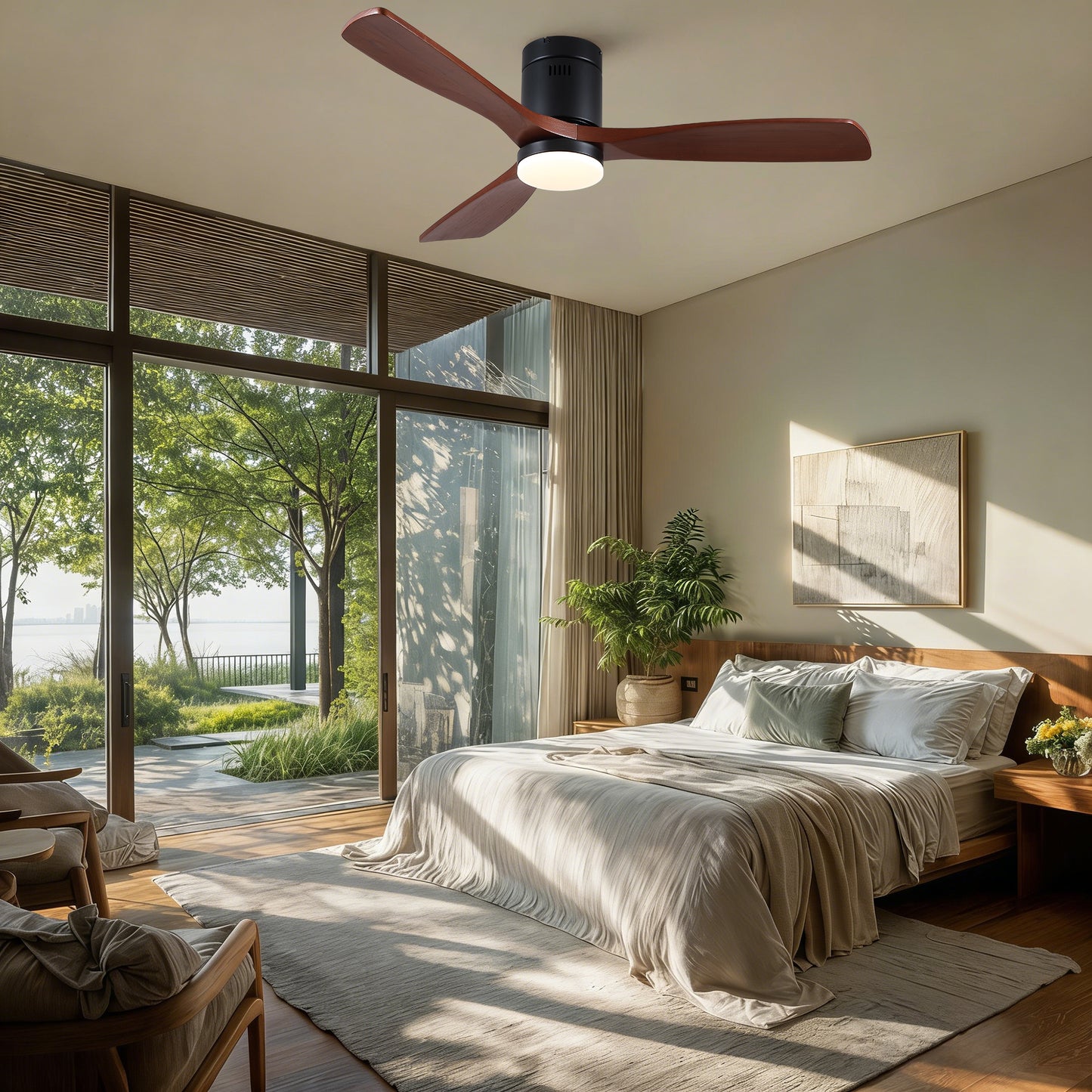 52 inch Mordern Matte Black Farmhouse Retro Solid Wood Low Profile Flush Mount Intergrated LED Ceiling Fan with Light image 6