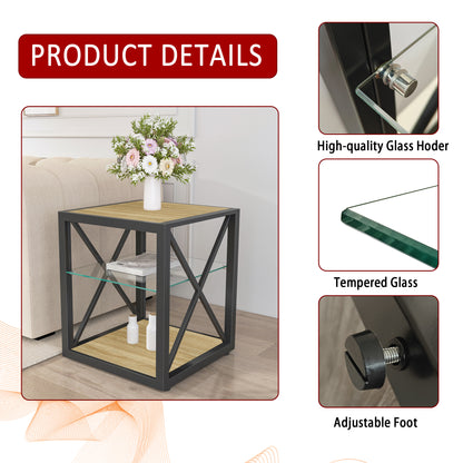 1 piece Modern End Table Nightstand for Bedroom & Living Room, Tempered Glass&Natural Wood MDF Top, Industrial Style Side Table image 10