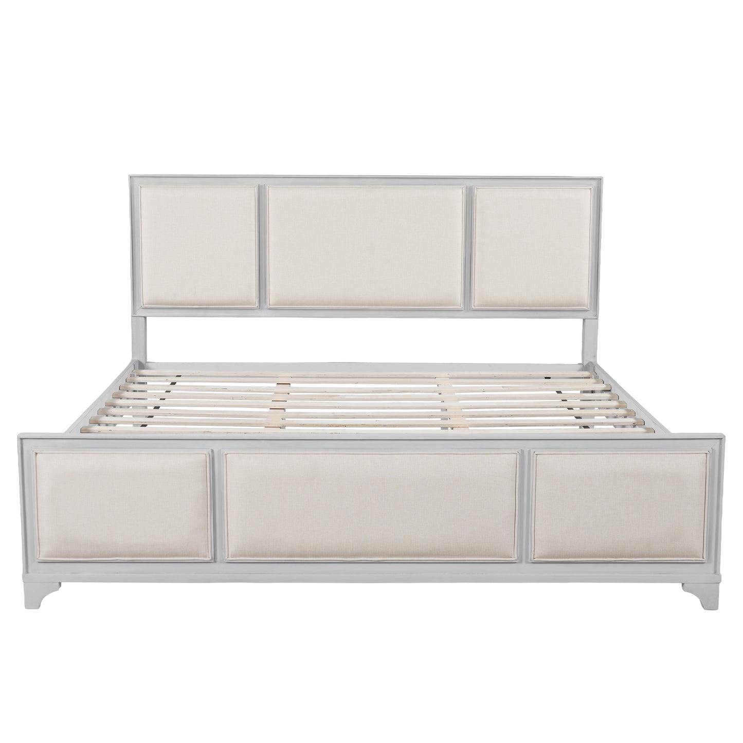 King Size Bed Frame with Upholstered Headboard, White Solid Wood & Beige Fabric, No Box Spring Needed, Modern Farmhouse Style image 5