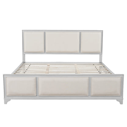 King Size Bed Frame with Upholstered Headboard, White Solid Wood & Beige Fabric, No Box Spring Needed, Modern Farmhouse Style image 5