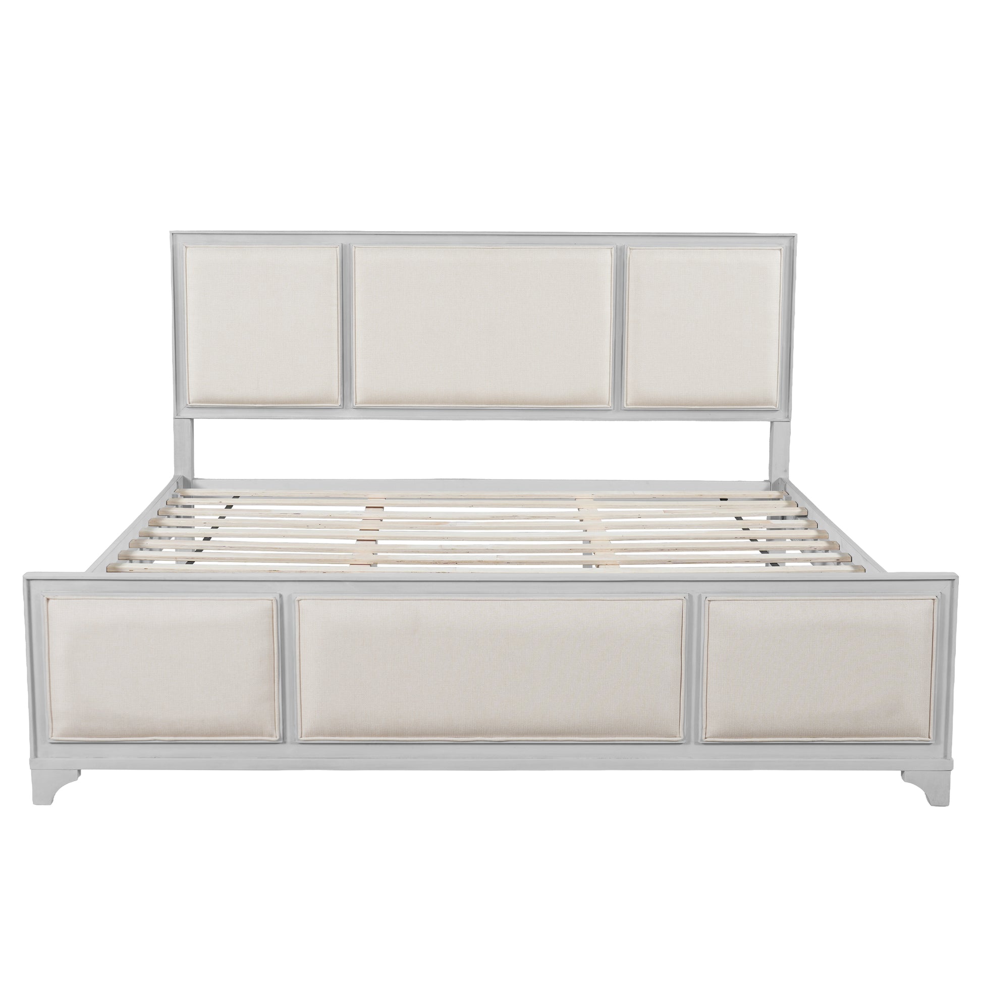 King Size Bed Frame with Upholstered Headboard, White Solid Wood & Beige Fabric, No Box Spring Needed, Modern Farmhouse Style image 5
