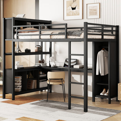 Metal Loft Bed with Wardrobe And L-shaped Desk, Full Size Loft Bed with Storage Cubes and Shelves, Heavy Duty Loft Bed for Kids Teens Adults, Black image 1