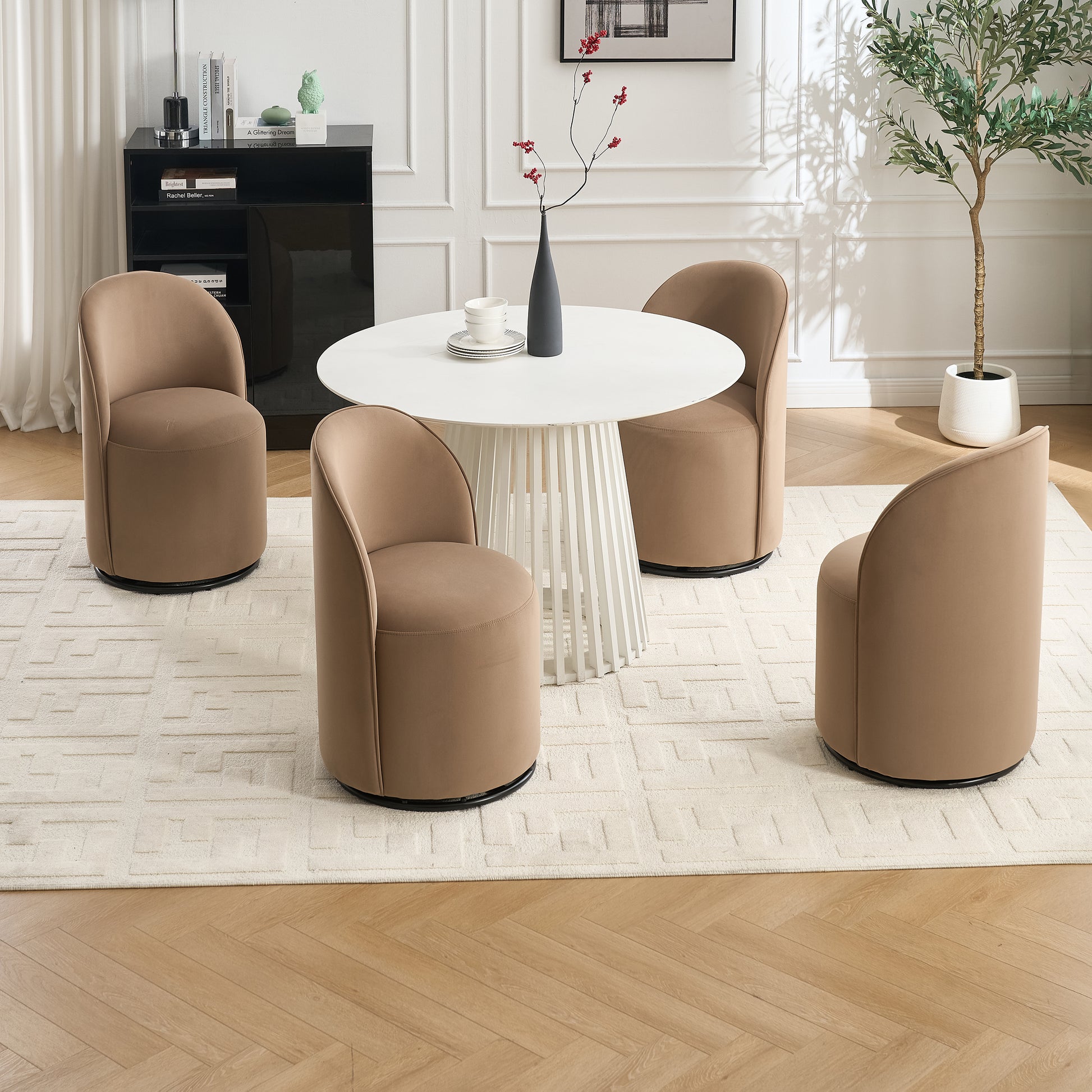 Set Of 1 Upholstered Kitchen & Dining Room Barrel Chair, Mid Century Modern Round Velvet Dining Chair, 360 Degree Swivel Comfy Armless Accent Makeup Vanity Side Chair for Bedroom Living Room image 12