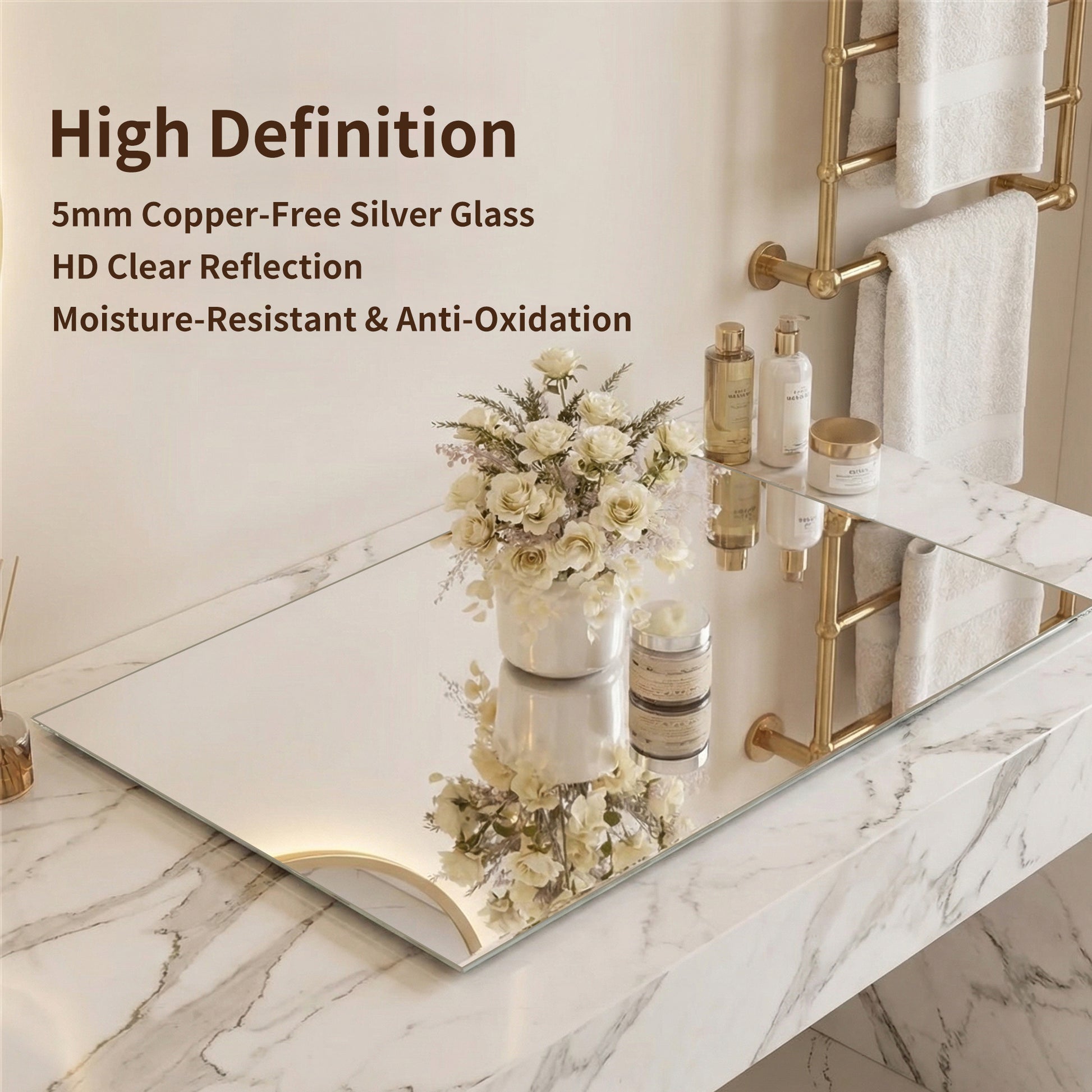 Modern Frameless Bathroom Mirror, 36 x 30 Inch Rectangular Vanity Mirror with Copper-Free Silver Glass and Shatter-Resistant Backing image 9