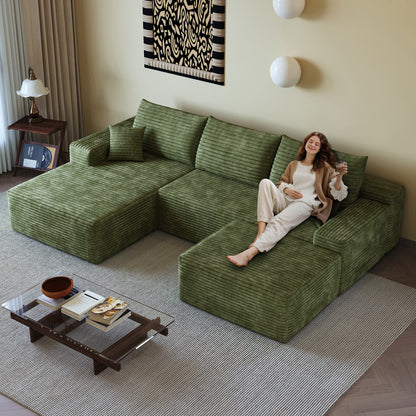 107"Cloud Sectional Sofa with 1 Ottoman,Modern Minimalist Upholstered Couches,Comfort U Shaped Sofa for Living Room,Deep Seat Corner Couch,No Assembly Required (Plush Corduroy Fabric),Green image 1