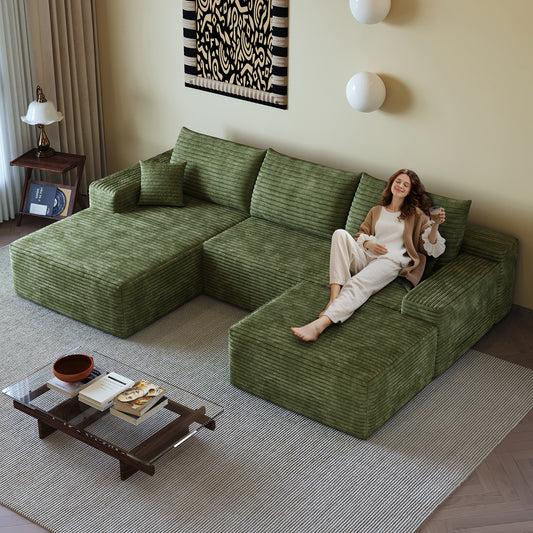 107"Cloud Sectional Sofa with 1 Ottoman,Modern Minimalist Upholstered Couches,Comfort U Shaped Sofa for Living Room,Deep Seat Corner Couch,No Assembly Required (Plush Corduroy Fabric),Green image 1