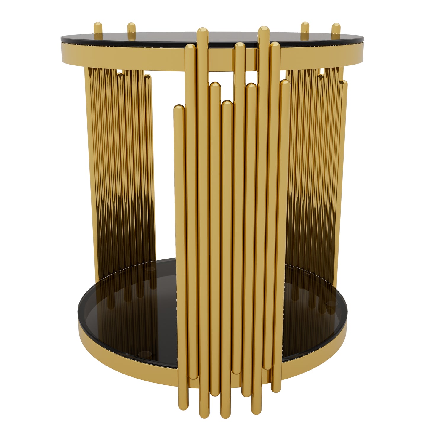 Living Room Table Set of 3 with 1 Coffee Table and 2 End Tables, Round, Tempered Glass, Asymmetrical Metal, Gold Finish & Lower Shelf, 31.5" image 9