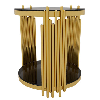 Living Room Table Set of 3 with 1 Coffee Table and 2 End Tables, Round, Tempered Glass, Asymmetrical Metal, Gold Finish & Lower Shelf, 31.5" image 9