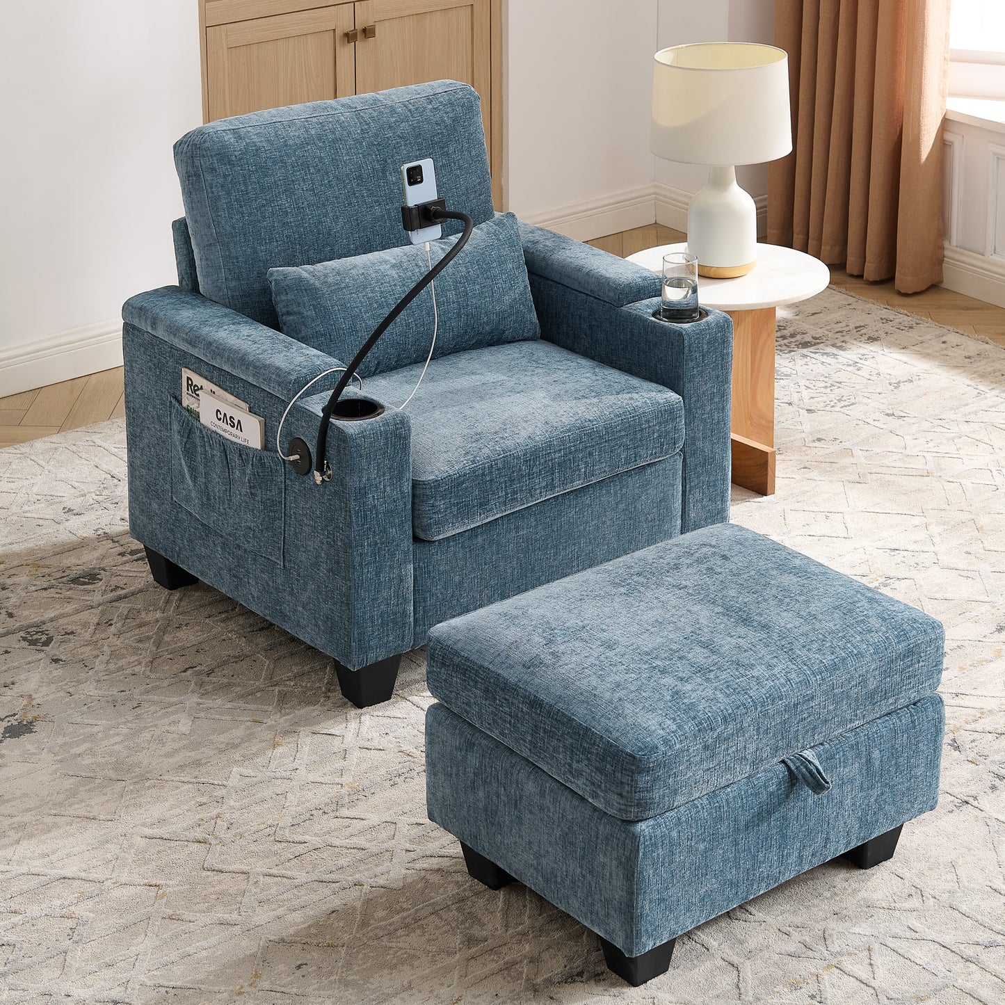 Single sofa recliner with manually adjustable backrest, USB charging port on the armrest side, phone stand included, hidden armrest storage, and a matching storage ottoman-Blue image 2