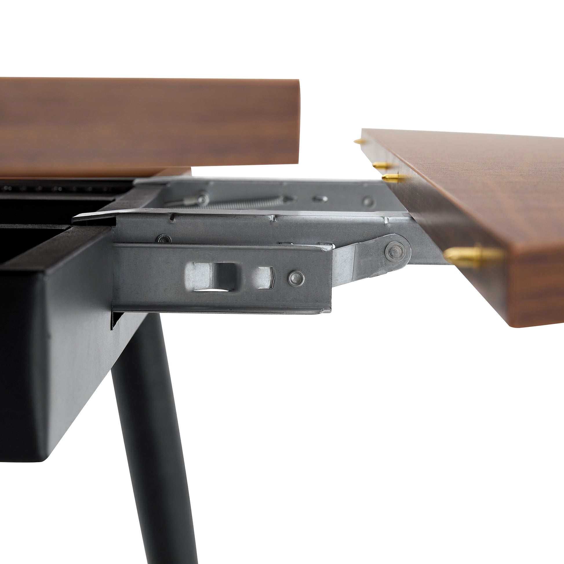 With a clever retractable mechanism, the Walnut Grain MDF table top and black metal legs and has a smooth and delicate surface.The unique look creates the sleek silhouette of a modern home. image 5