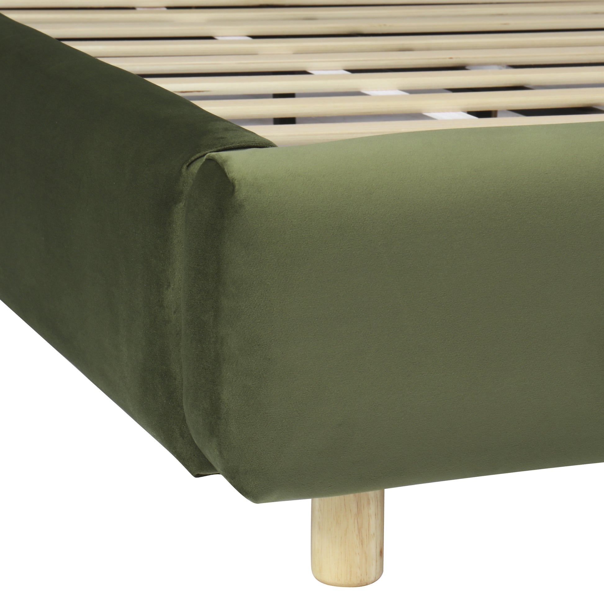 California King Size Upholstered Bed Frame With Velvet Fabric And Curve Design Thick Headboard, Solid Wood Legs, Olive Green image 11
